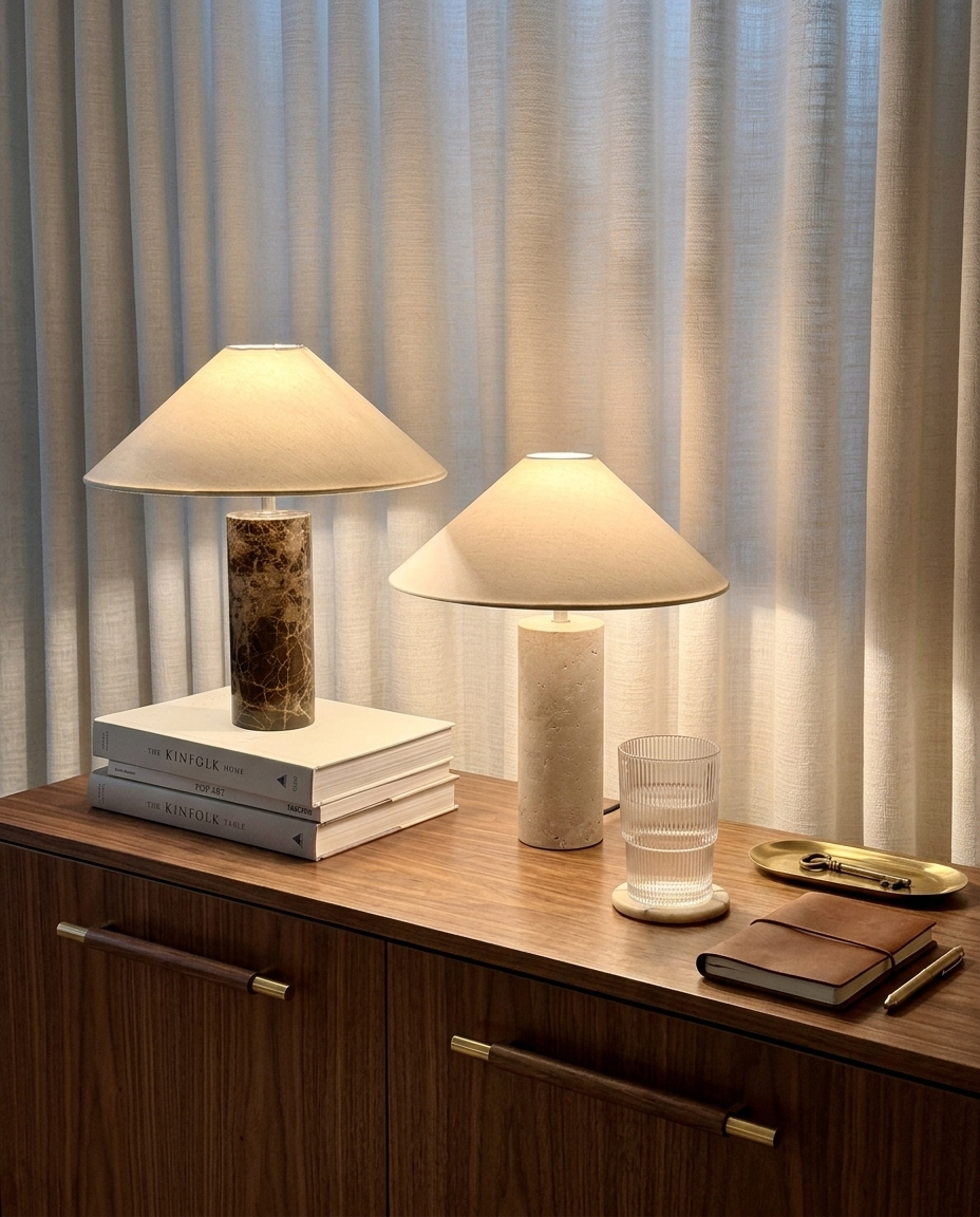 Glowmere Runo Natural Stone Table Lamp with Cotton Shade overall view