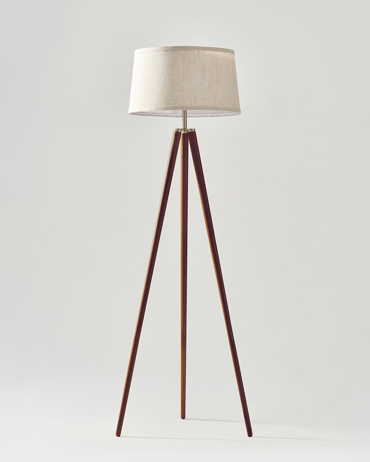 Glowmere Emma Wooden Tripod Floor Lamp with Linen Shade in walnut