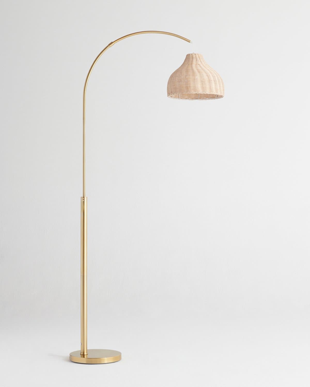 Glowmere Lark Arc Floor Lamp with Wicker Hanging Shade overall view