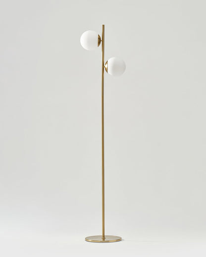 Glowmere Sphere Two Globe Frosted Glass Floor Lamp in brass