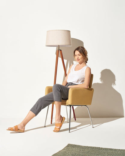 Glowmere Emma Wooden Tripod Floor Lamp with Linen Shade in walnut