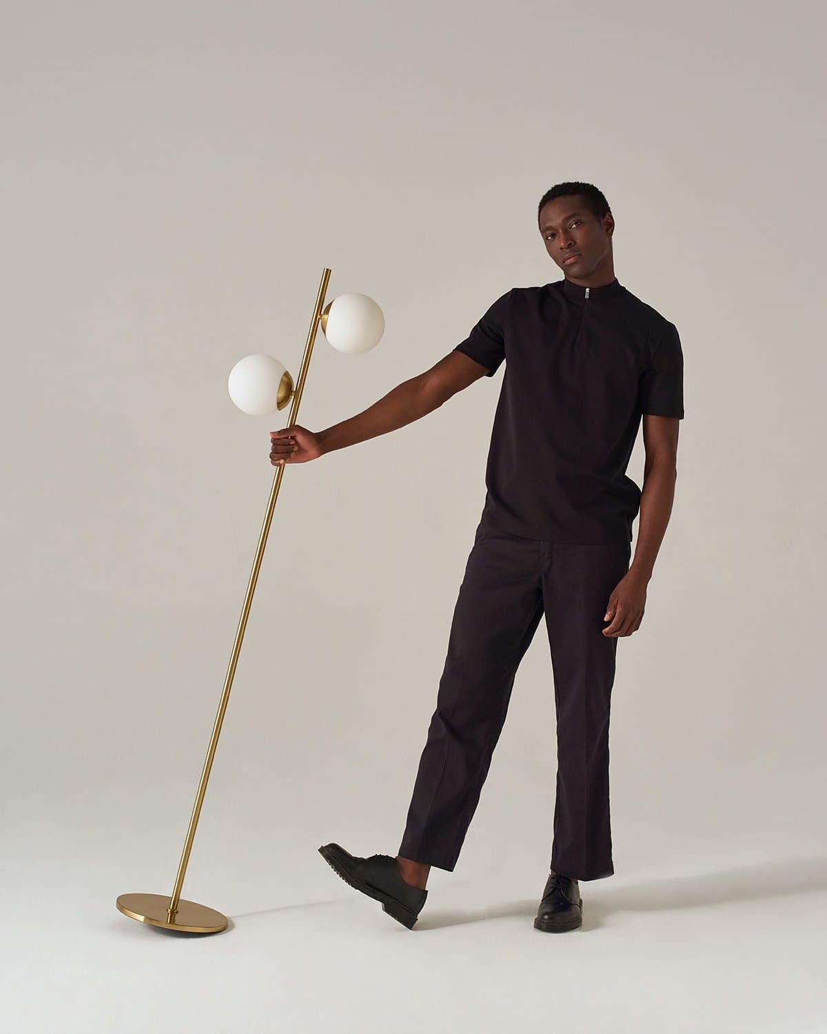 Glowmere Sphere Two Globe Frosted Glass Floor Lamp in brass