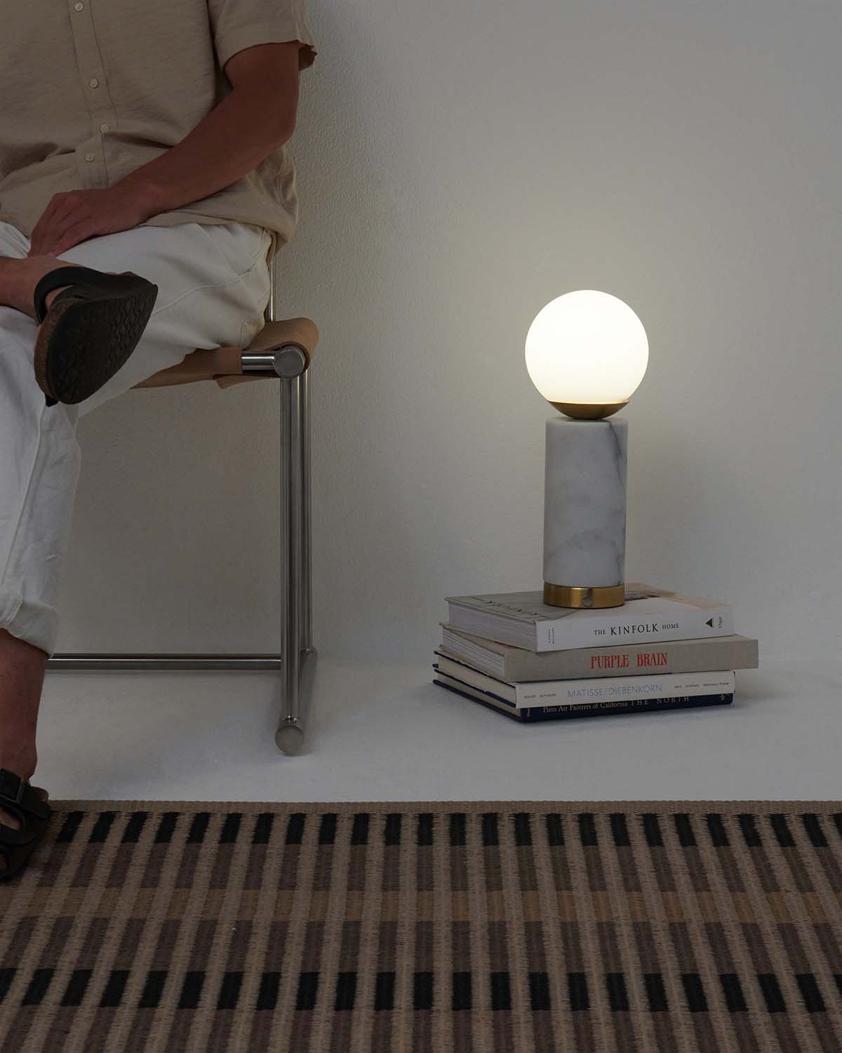 Glowmere Aspen Marble Base USB Table Lamp with Glass Globe in brass