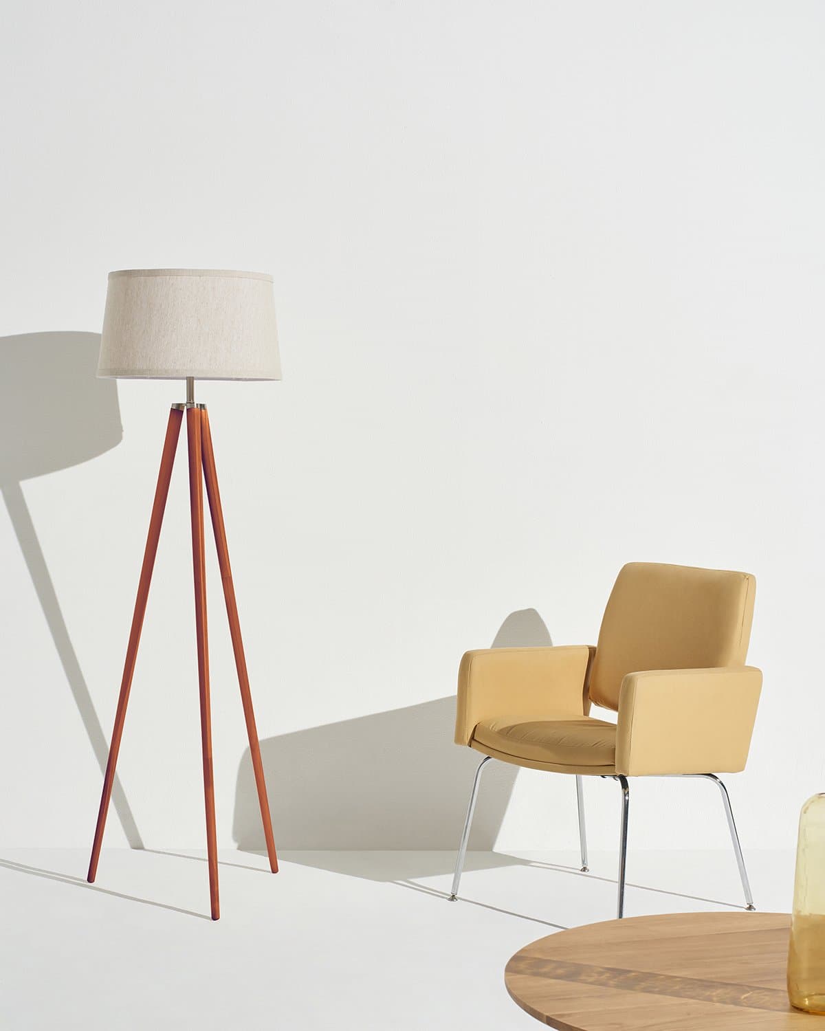 Glowmere Emma Wooden Tripod Floor Lamp with Linen Shade in walnut