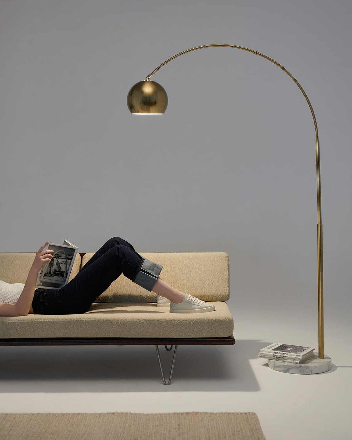 Glowmere Olivia Arc LED Floor Lamp with Marble Base in brass