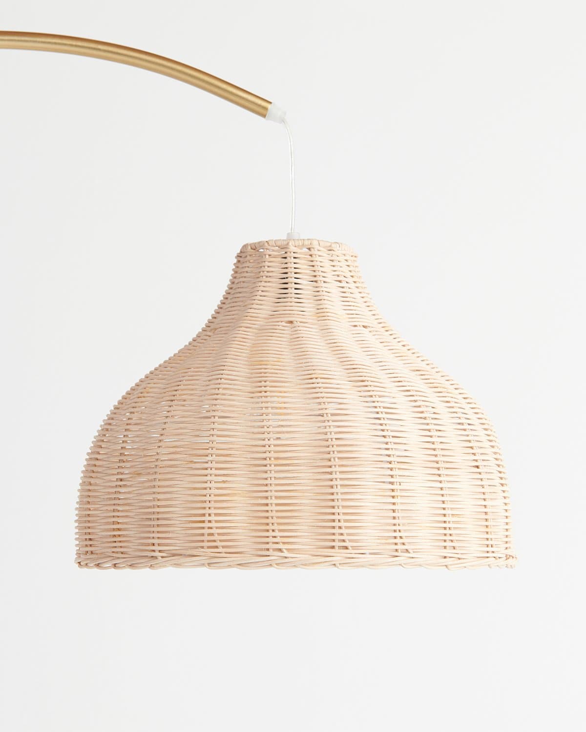 Glowmere Lark Arc Floor Lamp with Wicker Hanging Shade in brass