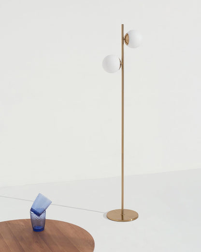 Glowmere Sphere Two Globe Frosted Glass Floor Lamp in brass