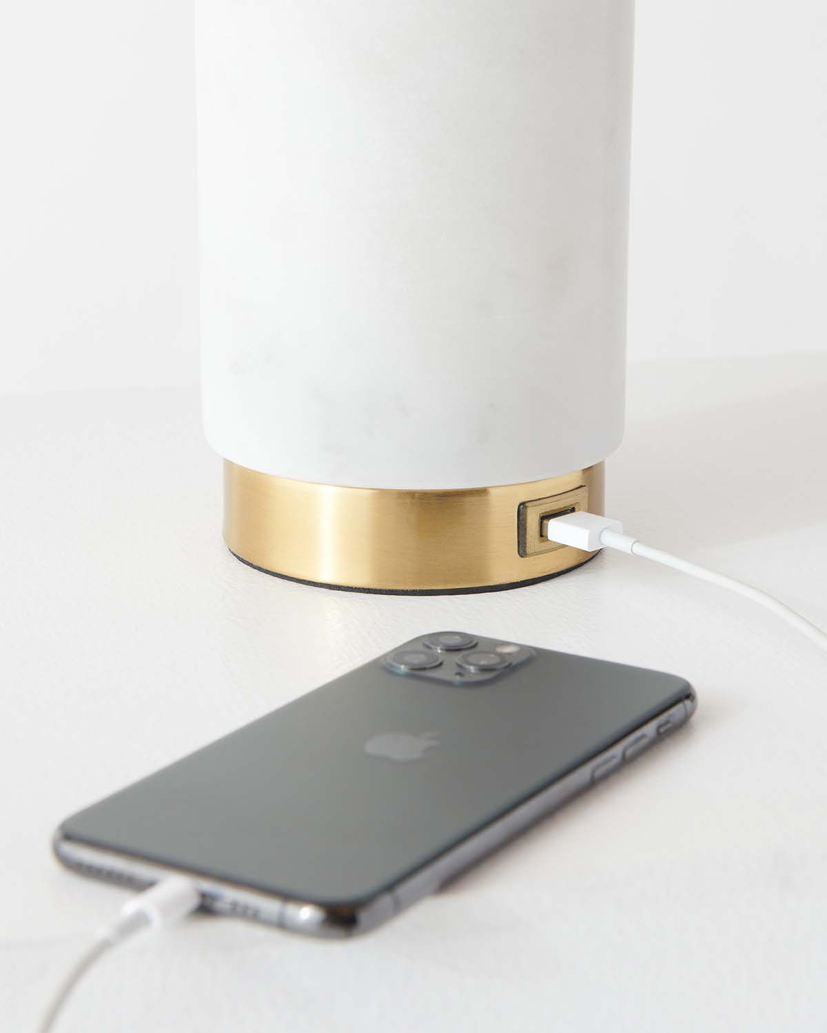 Glowmere Arden Marble USB Table Lamp with White Shade in brass