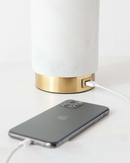 Glowmere Arden Marble USB Table Lamp with White Shade in brass