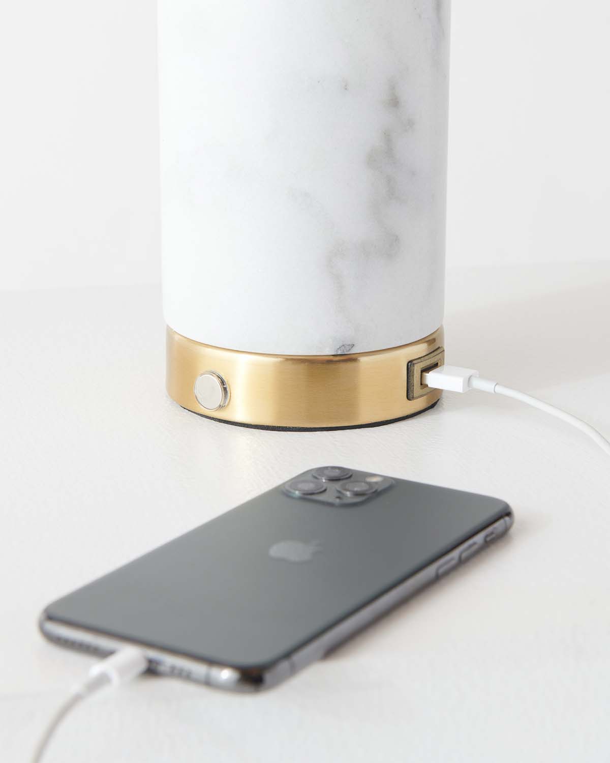 Glowmere Aspen Marble Base USB Table Lamp with Glass Globe in brass