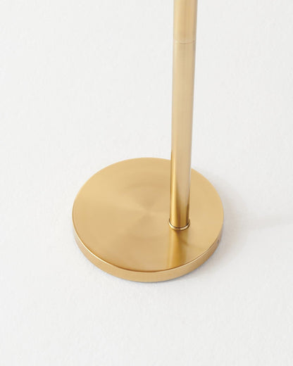 Glowmere Lark Arc Floor Lamp with Wicker Hanging Shade in brass