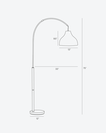Glowmere Lark Arc Floor Lamp with Wicker Hanging Shade in brass