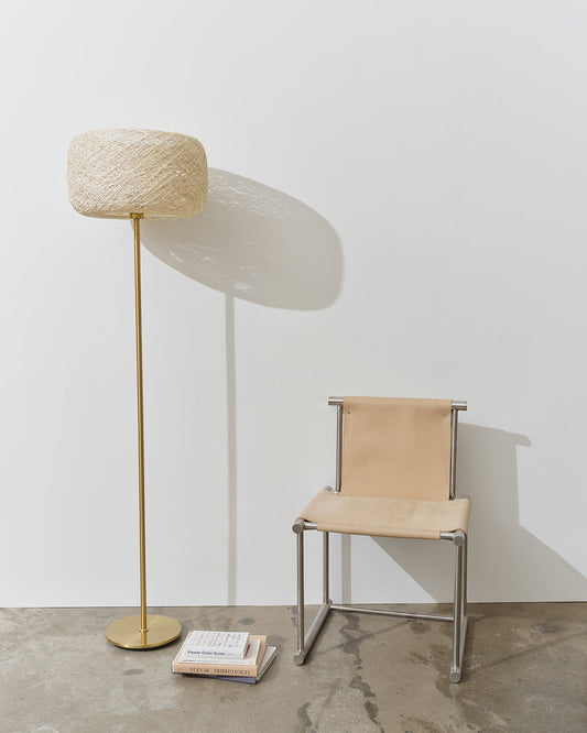 Glowmere Rowan Woven Shade Brass Pole Floor Lamp overall view