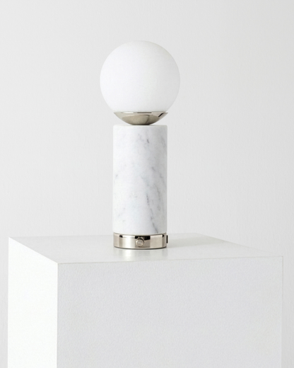 Glowmere Aspen Marble Base USB Table Lamp with Glass Globe in nickel