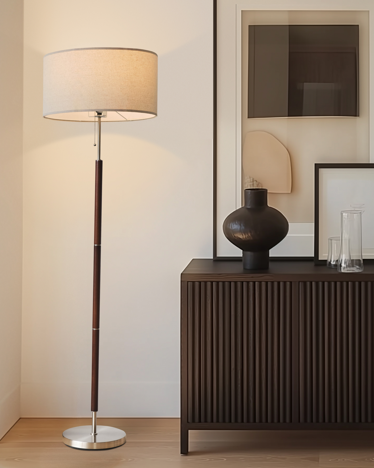 Glowmere Carter Walnut Finish Linen Shade Floor Lamp overall view