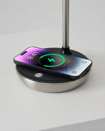 Glowmere Ezra LED Desk Lamp with Wireless Charging in nickel