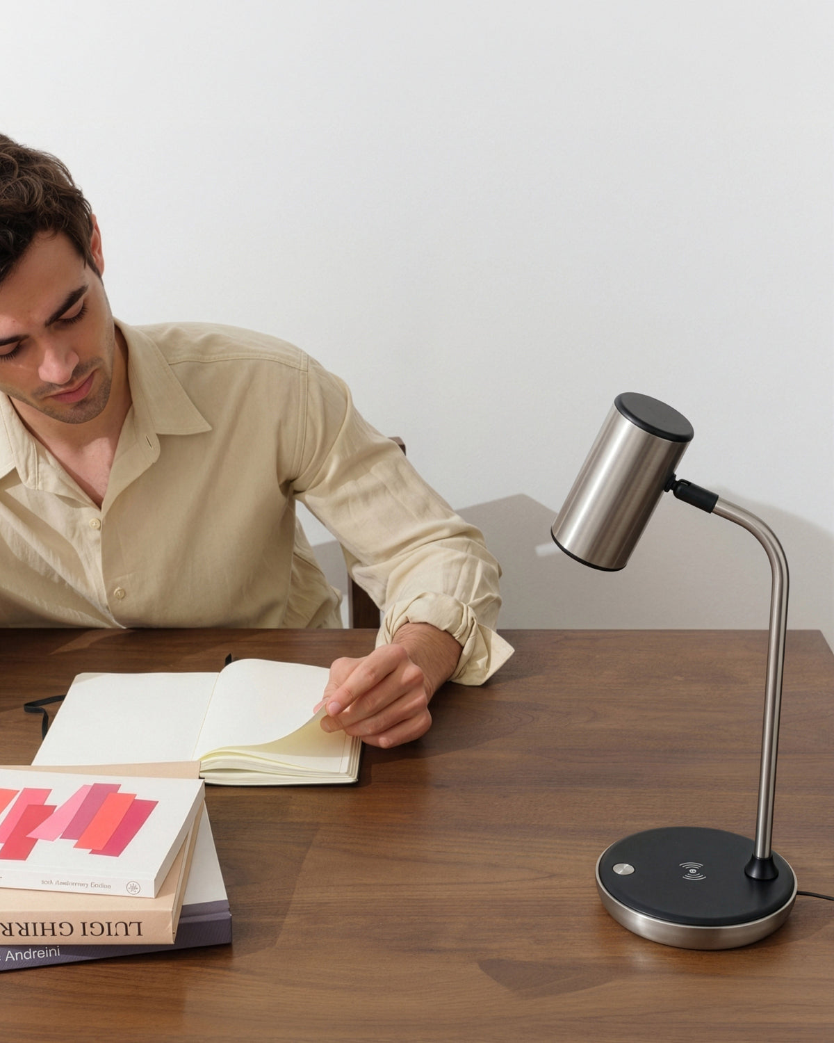 Glowmere Ezra LED Desk Lamp with Wireless Charging in nickel