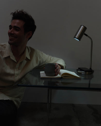 Glowmere Ezra LED Desk Lamp with Wireless Charging in nickel