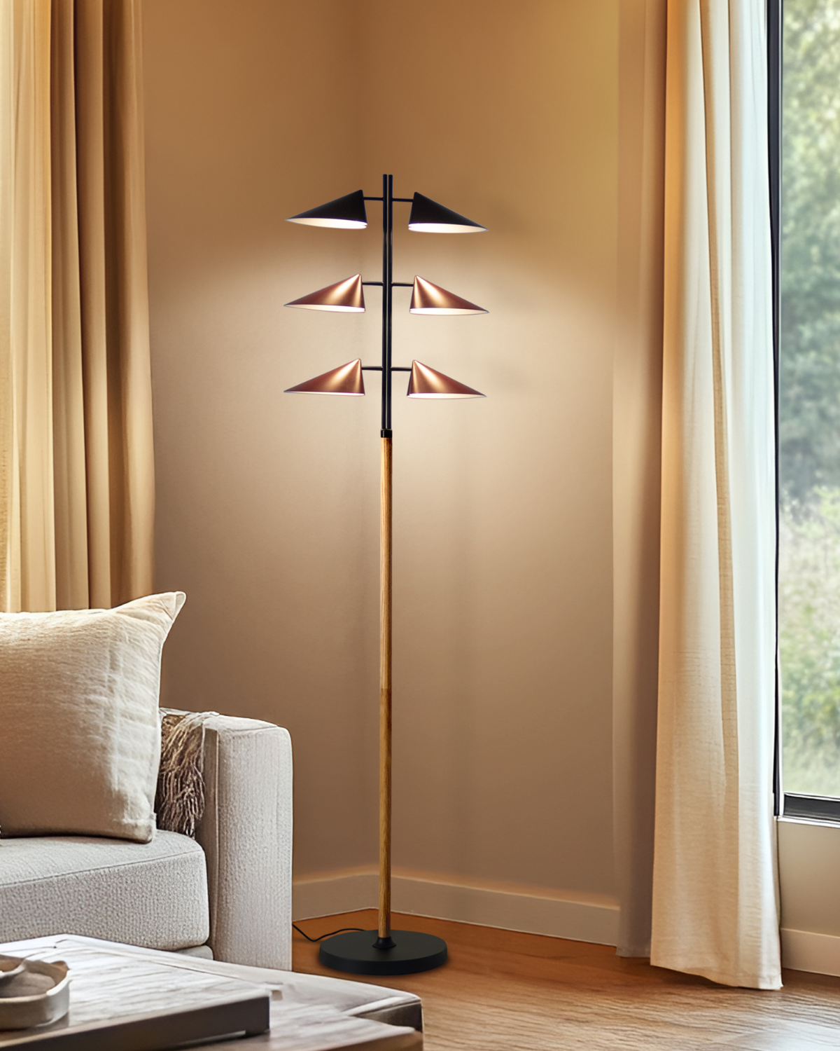 Glowmere Ivo Six Shade Vintage Floor Lamp with Maple Stem view 2