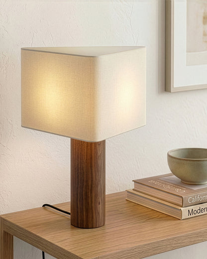 Glowmere Koa Wood Column Triangular Cotton Shade Table Lamp overall view