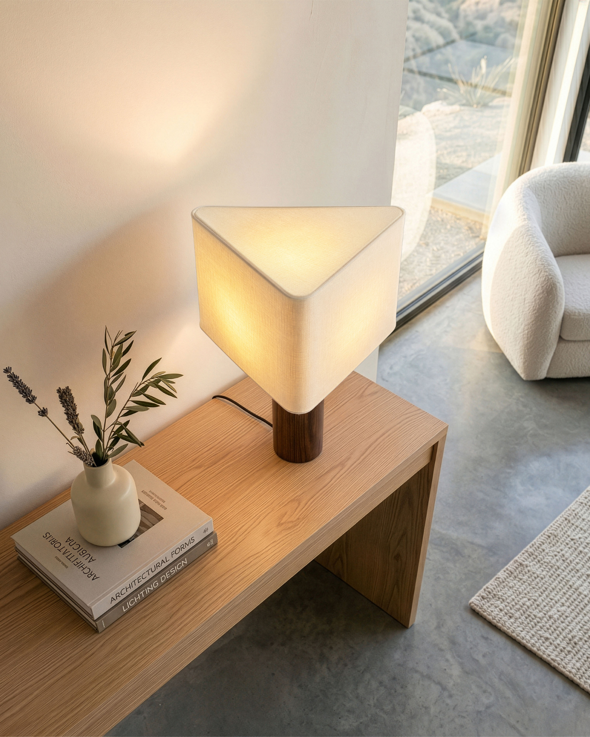 Glowmere Koa Wood Column Triangular Cotton Shade Table Lamp in wood