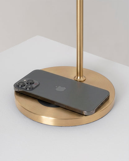 Glowmere Leaf Swing Arm Table Lamp with Wireless Charger in brass