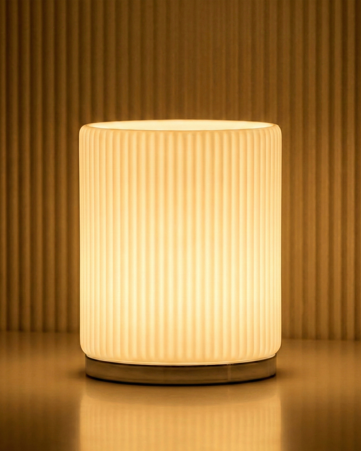Glowmere Lumi Pleated Frosted Glass Table Lamp with Chrome Base in chrome