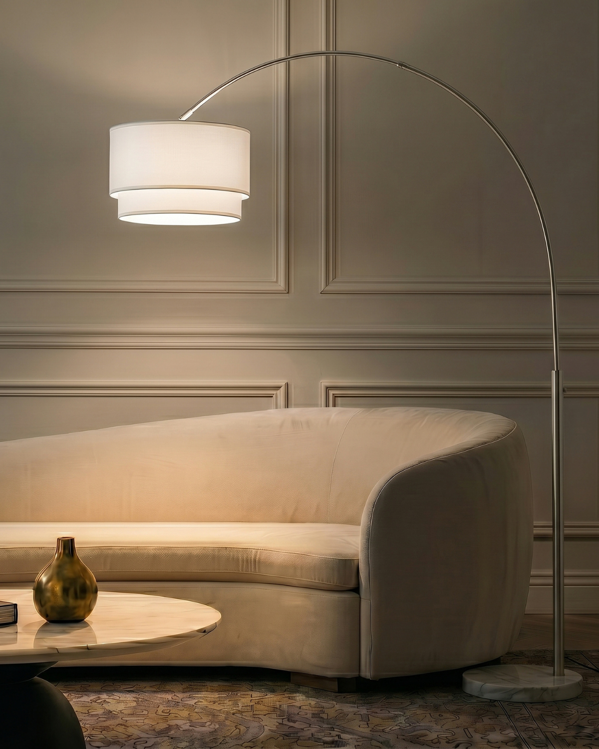 Glowmere Mason Arc LED Floor Lamp with Double Linen Shade in silver