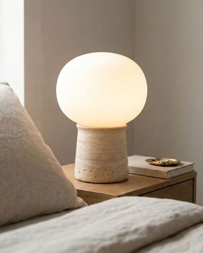 Glowmere Neptune Travertine Base Round Glass Shade Table Lamp overall view