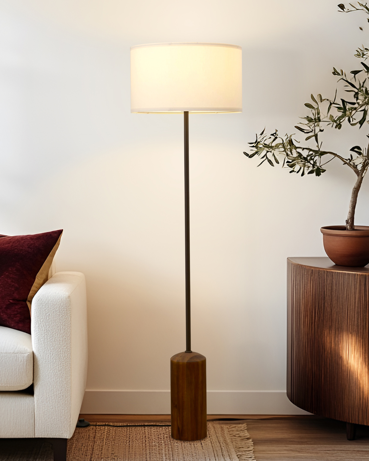 Glowmere Oren Walnut Base Fabric Drum Shade Floor Lamp overall view