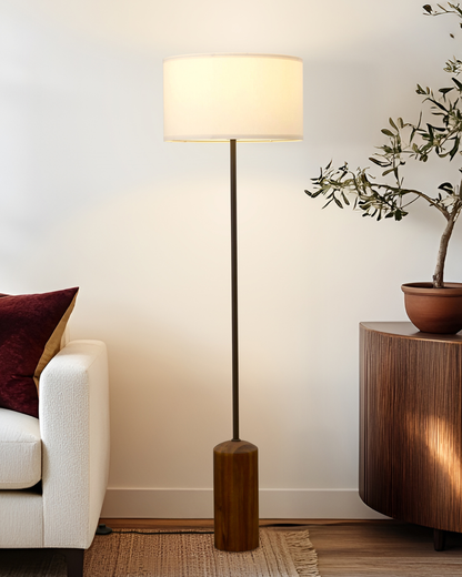 Glowmere Oren Walnut Base Fabric Drum Shade Floor Lamp overall view