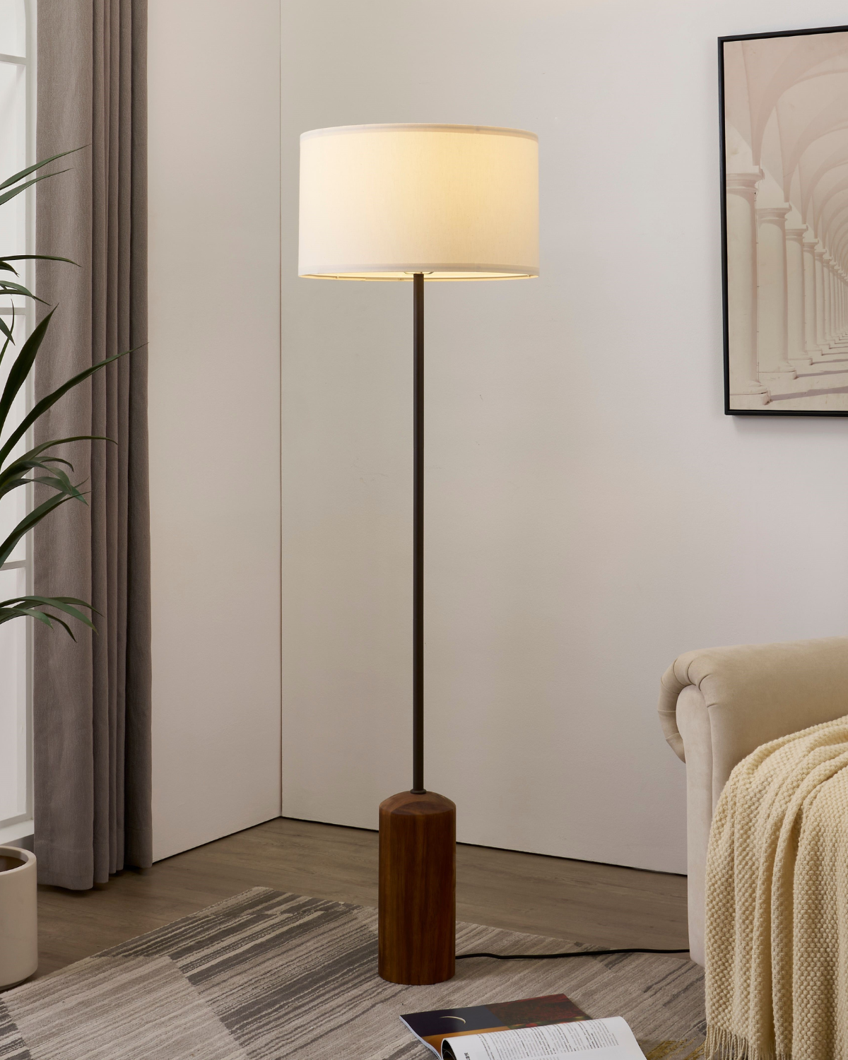 Glowmere Oren Walnut Base Fabric Drum Shade Floor Lamp in wood