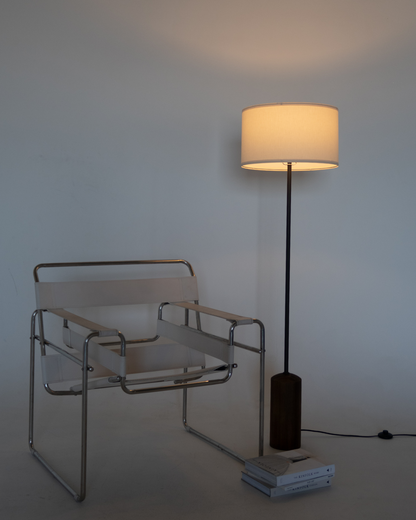 Glowmere Oren Walnut Base Fabric Drum Shade Floor Lamp in wood