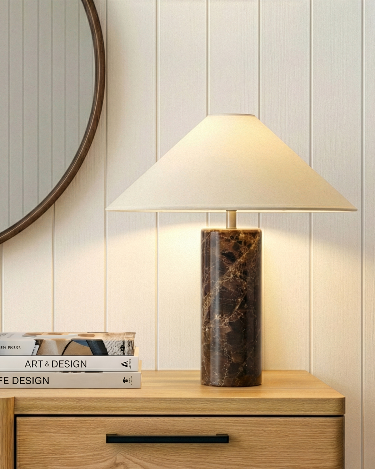 Glowmere Runo Natural Stone Table Lamp with Cotton Shade in brown
