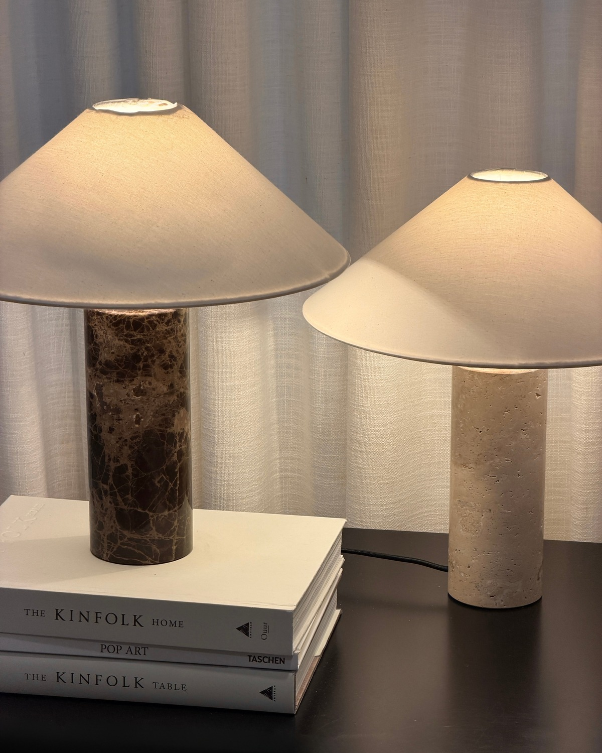Glowmere Runo Natural Stone Table Lamp with Cotton Shade in brown
