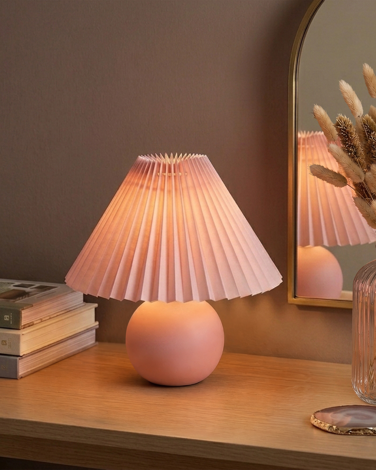 Glowmere Serena Ceramic Globe Base Table Lamp with Pleated Shade in pink