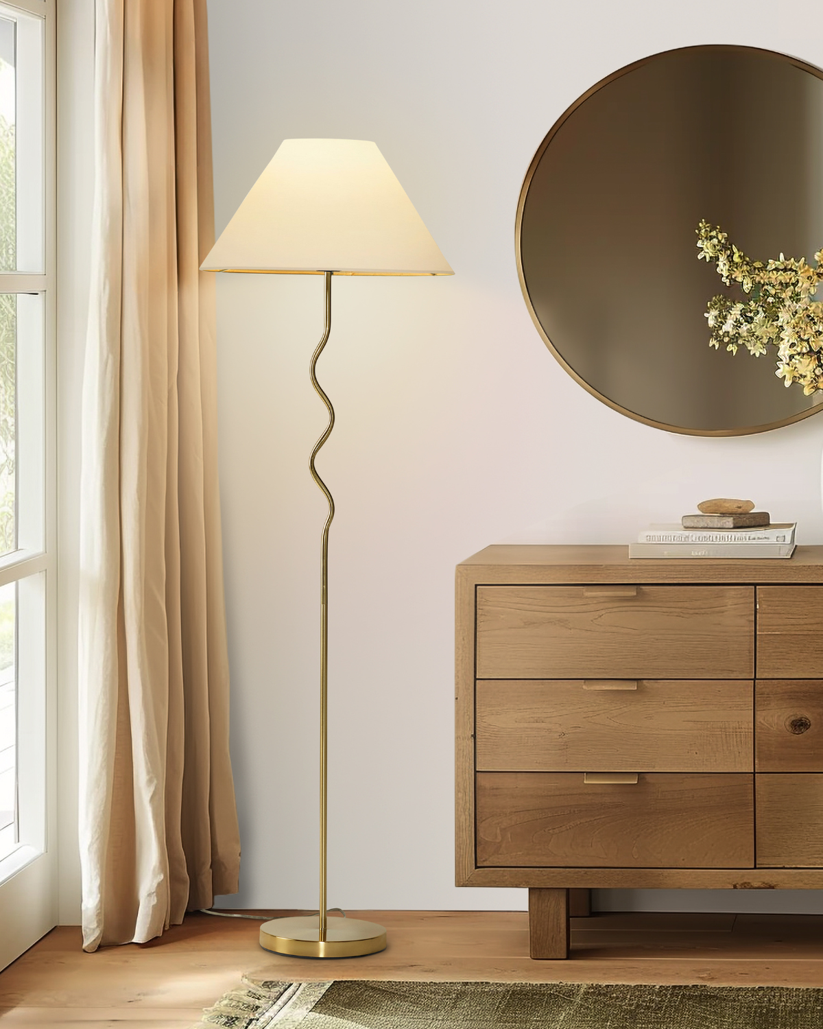 Glowmere Squiggle Curved Stem Floor Lamp with Fabric Shade in brass