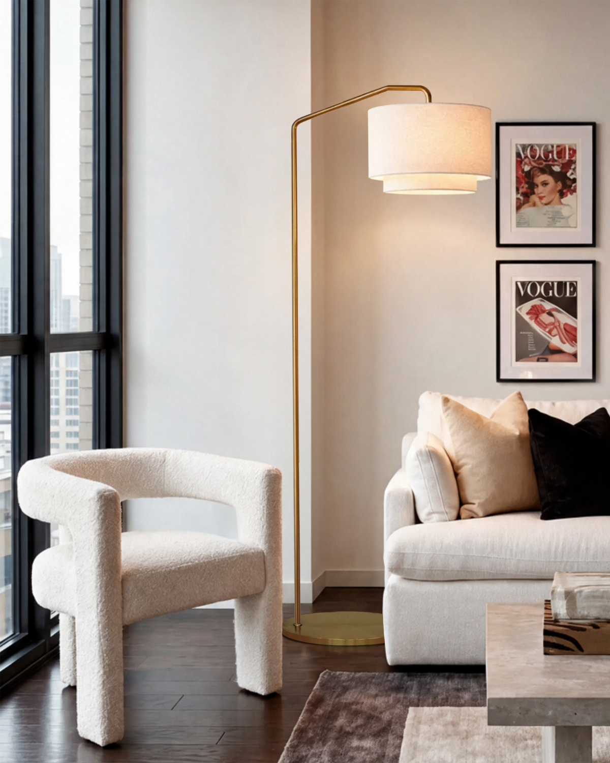 Glowmere Zion Brass Arc Floor Lamp with Double Drum Shade in brass