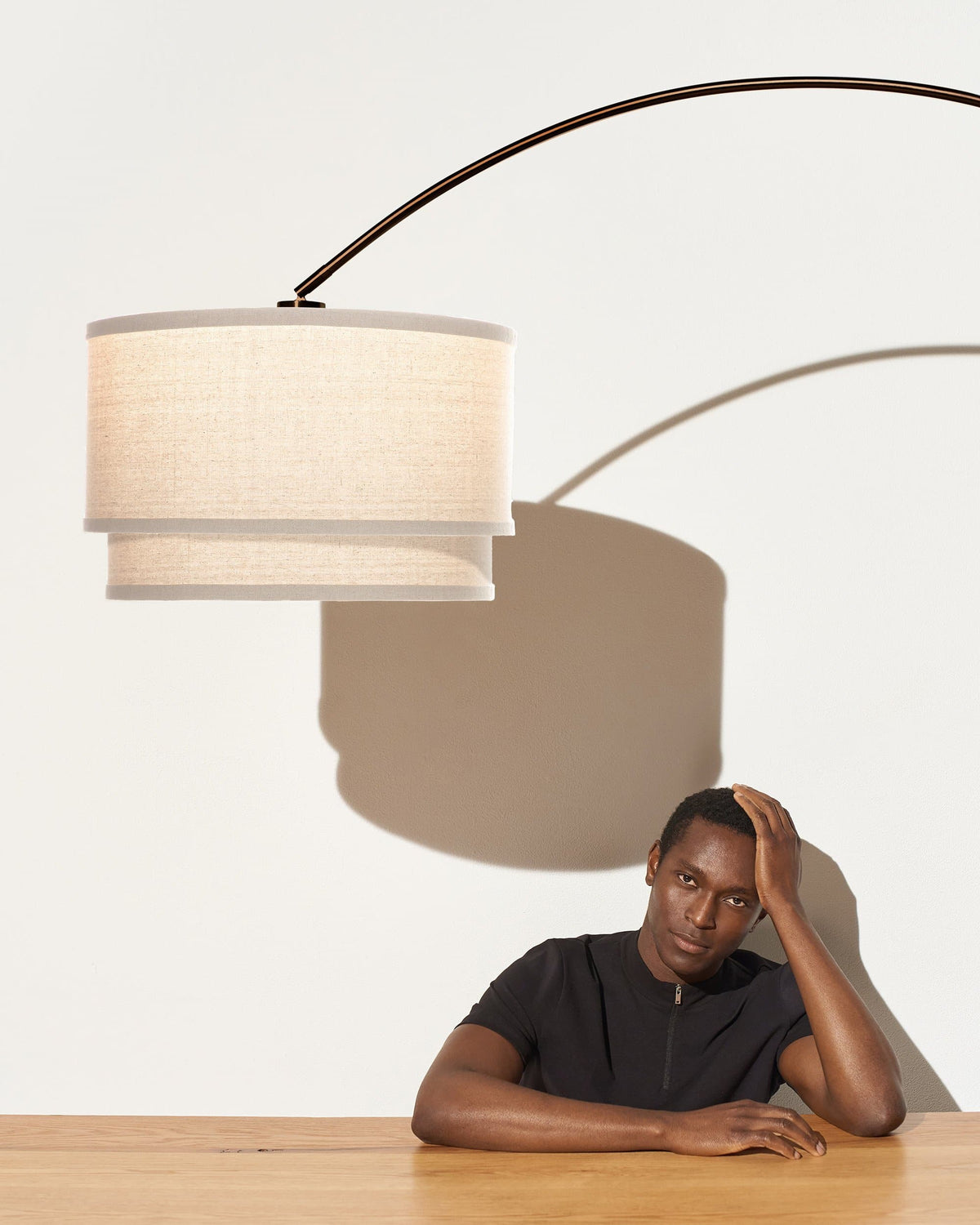 Glowmere Mason Arc LED Floor Lamp with Double Linen Shade in bronze