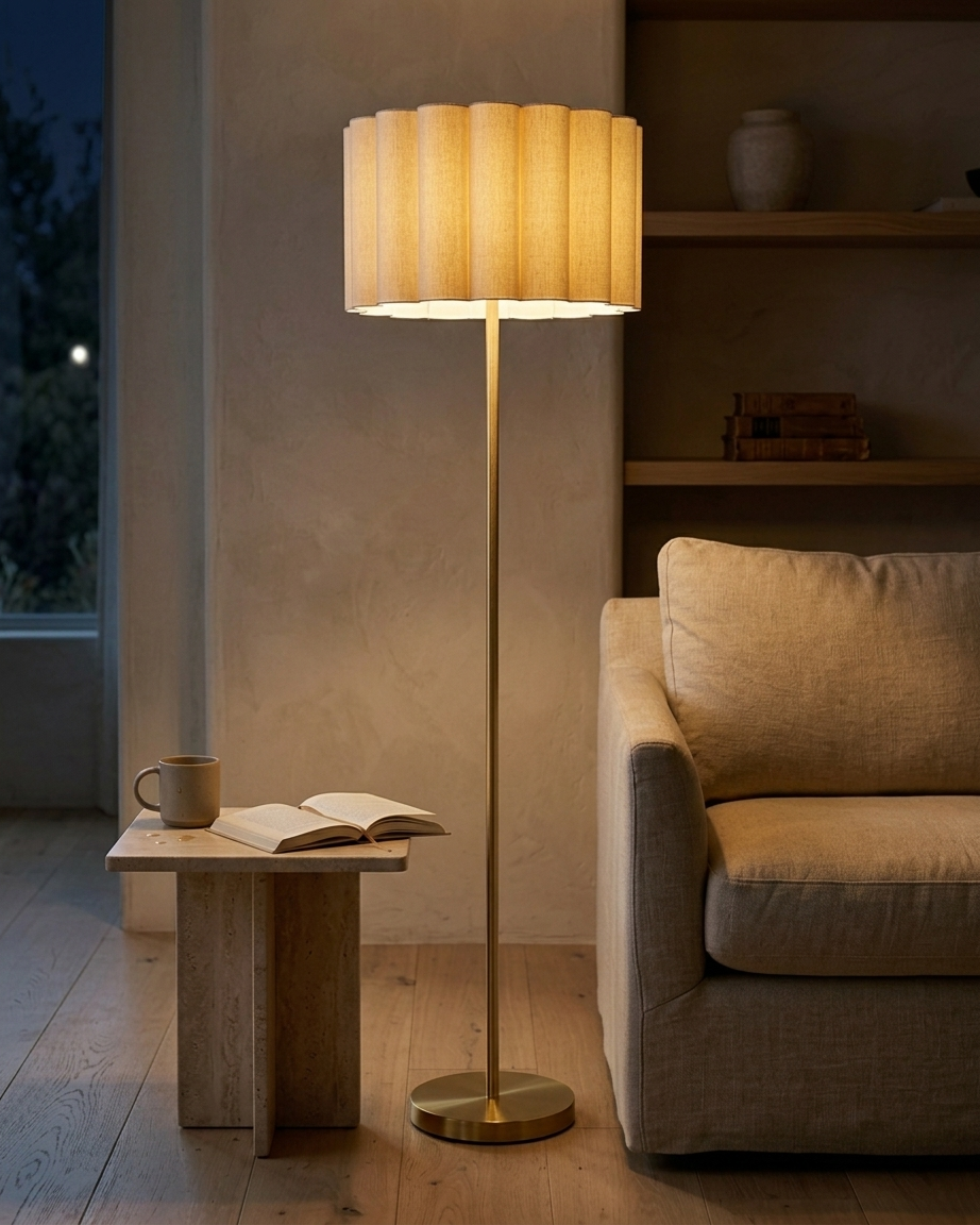 Glowmere Estelle Brass Pleated Cotton Shade Floor Lamp overall view