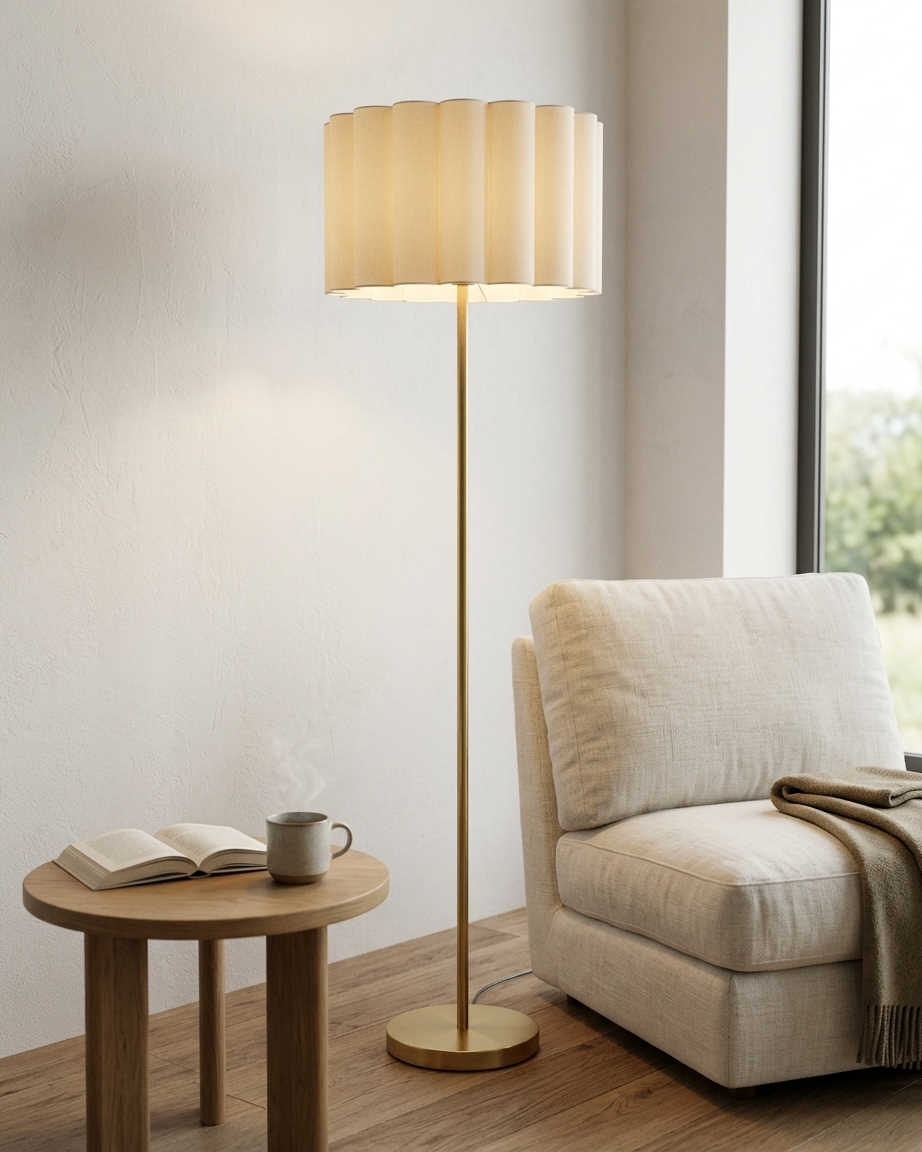 Glowmere Estelle Brass Pleated Cotton Shade Floor Lamp view 3