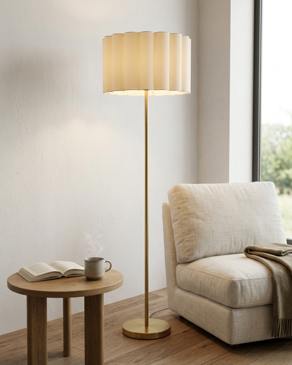 Glowmere Estelle Brass Pleated Cotton Shade Floor Lamp view 3