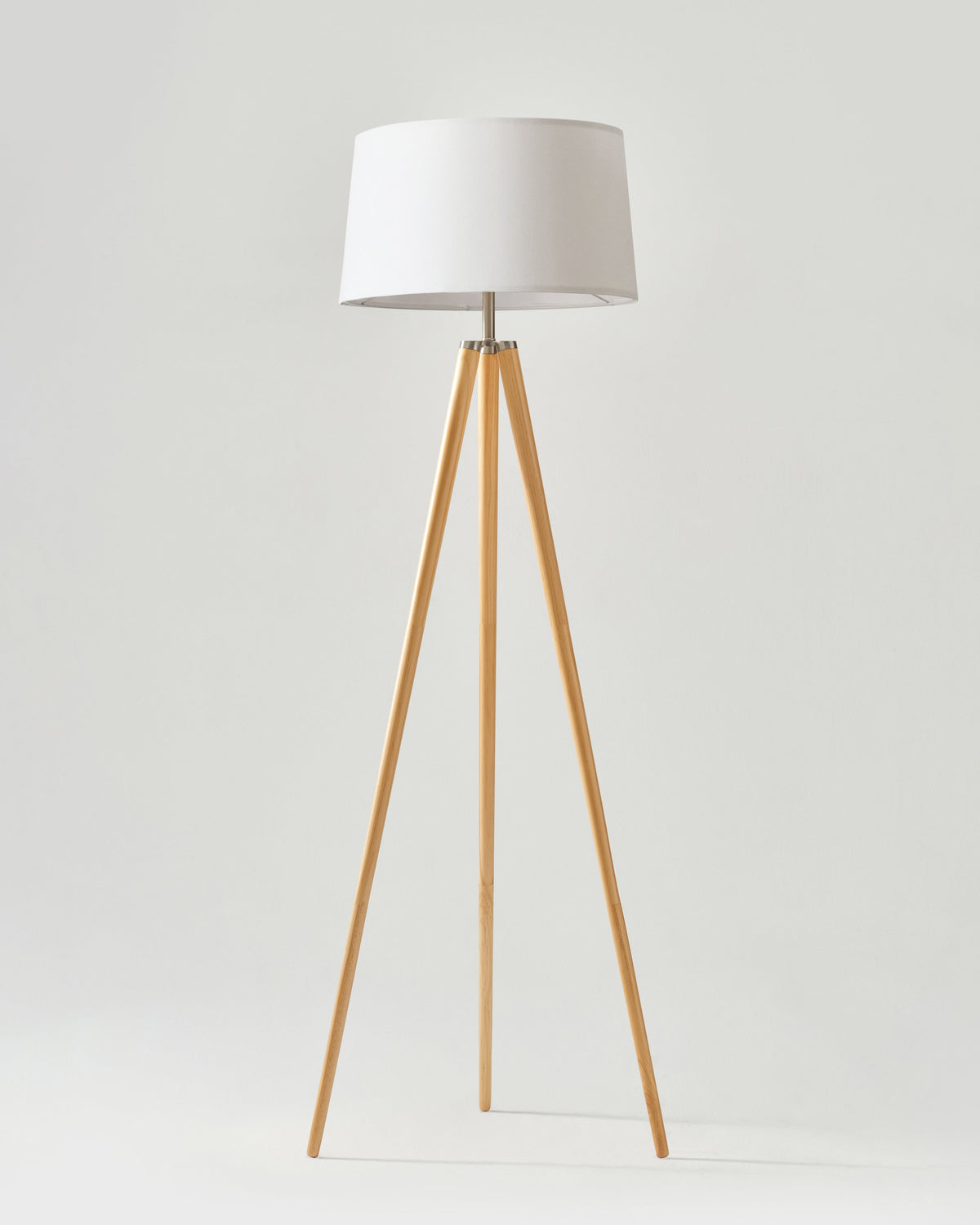 Glowmere Emma Wooden Tripod Floor Lamp with Linen Shade overall view
