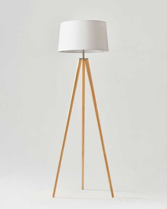 Glowmere Emma Wooden Tripod Floor Lamp with Linen Shade overall view