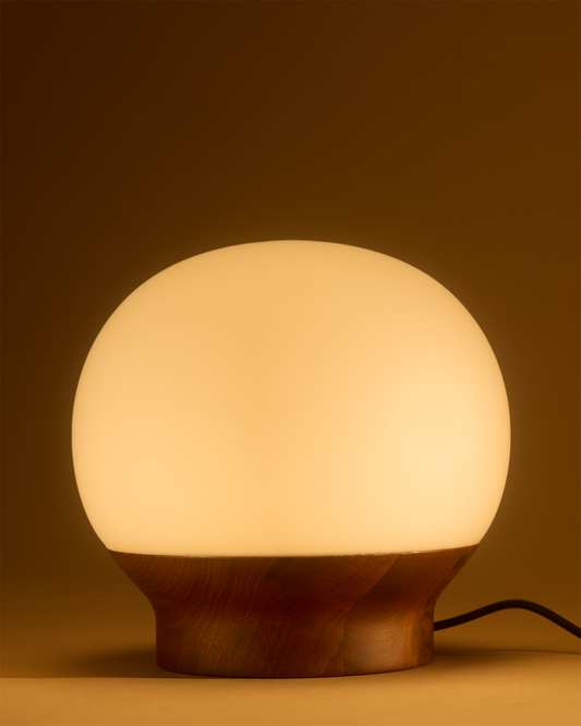 Glowmere Marlow Mini Walnut Base Glass Globe Table Lamp overall view