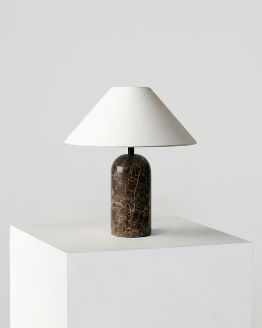 Glowmere Sansa Natural Stone Base A Line Shade Table Lamp overall view